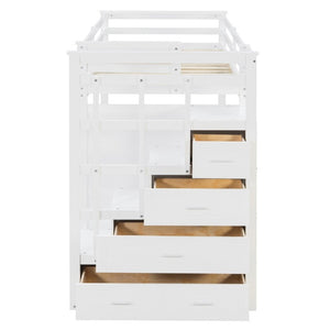 English Elm Twin Over Bunk Bed with Staircase and Six Storage Drawers for Kids Shared Rooms White LT000468AAK