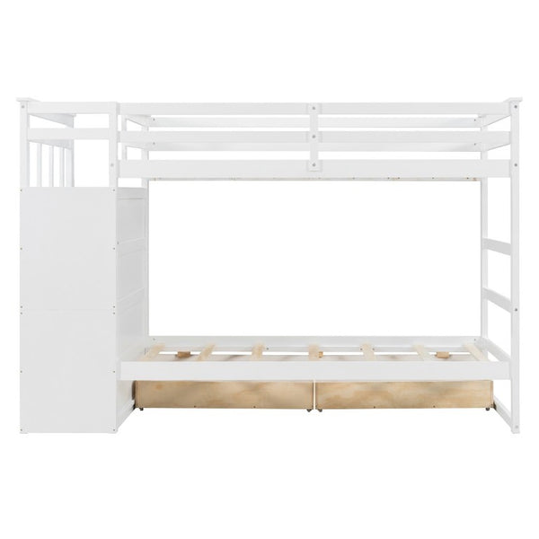 English Elm Twin Over Bunk Bed with Staircase and Six Storage Drawers for Kids Shared Rooms White LT000468AAK