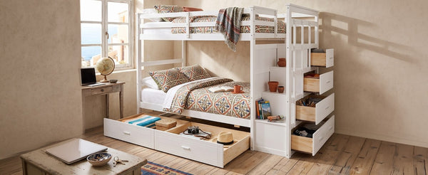 English Elm Twin Over Bunk Bed with Staircase and Six Storage Drawers for Kids Shared Rooms White LT000468AAK