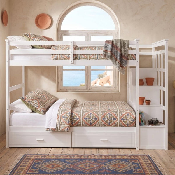 English Elm Twin Over Bunk Bed with Staircase and Six Storage Drawers for Kids Shared Rooms White LT000468AAK
