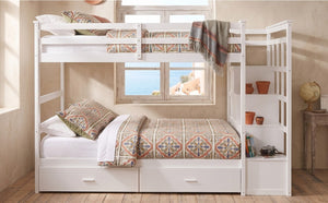 English Elm Twin Over Bunk Bed with Staircase and Six Storage Drawers for Kids Shared Rooms White LT000468AAK