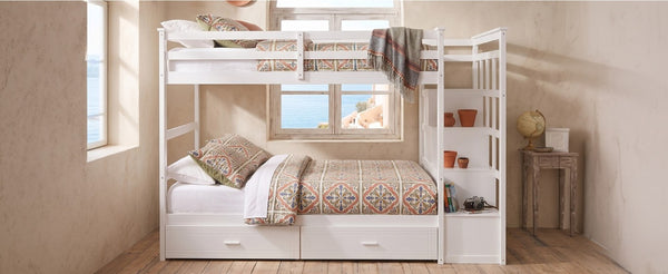 English Elm Twin Over Bunk Bed with Staircase and Six Storage Drawers for Kids Shared Rooms White LT000468AAK