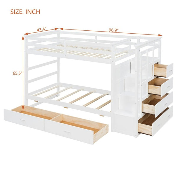 English Elm Twin Over Bunk Bed with Staircase and Six Storage Drawers for Kids Shared Rooms White LT000468AAK