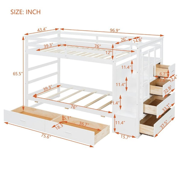 English Elm Twin Over Bunk Bed with Staircase and Six Storage Drawers for Kids Shared Rooms White LT000468AAK