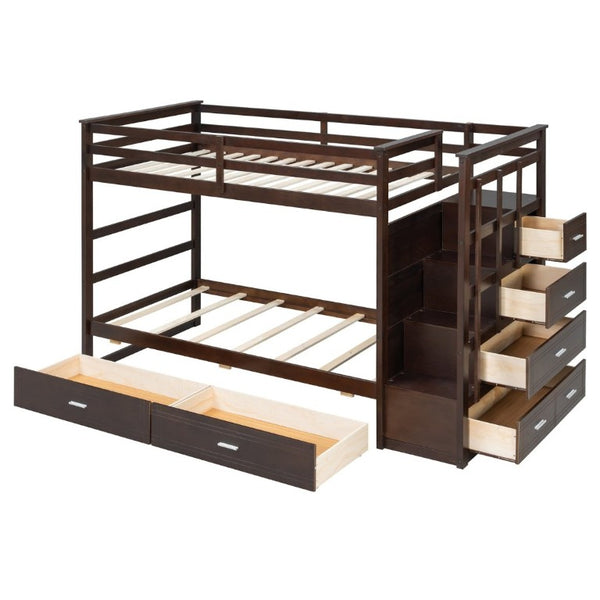 English Elm Twin Over Bunk Bed with Staircase and Six Storage Drawers for Kids Shared Rooms Espresso LT000468AAP