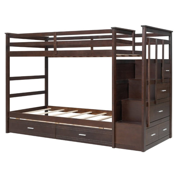 English Elm Twin Over Bunk Bed with Staircase and Six Storage Drawers for Kids Shared Rooms Espresso LT000468AAP
