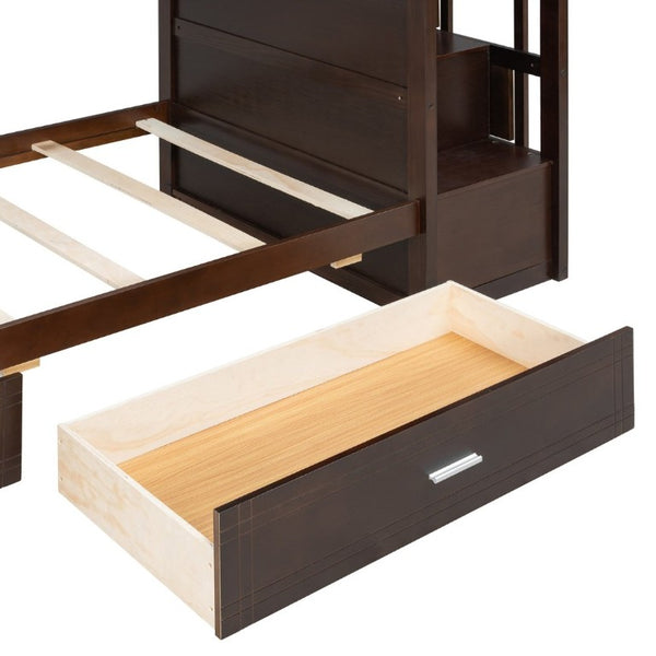 English Elm Twin Over Bunk Bed with Staircase and Six Storage Drawers for Kids Shared Rooms Espresso LT000468AAP