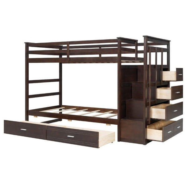 English Elm Twin Over Bunk Bed with Staircase and Six Storage Drawers for Kids Shared Rooms Espresso LT000468AAP