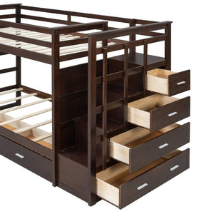 English Elm Twin Over Bunk Bed with Staircase and Six Storage Drawers for Kids Shared Rooms Espresso LT000468AAP