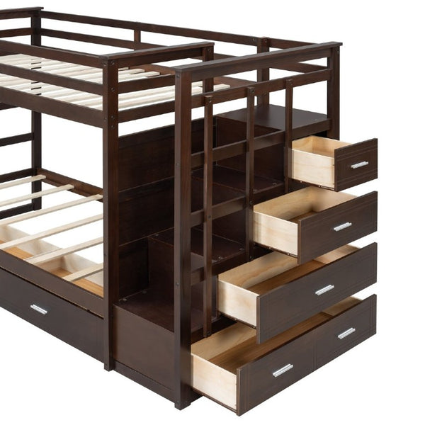English Elm Twin Over Bunk Bed with Staircase and Six Storage Drawers for Kids Shared Rooms Espresso LT000468AAP