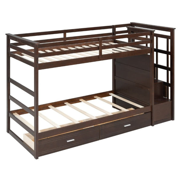 English Elm Twin Over Bunk Bed with Staircase and Six Storage Drawers for Kids Shared Rooms Espresso LT000468AAP
