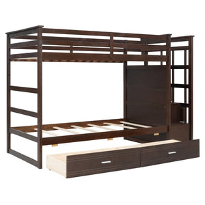 English Elm Twin Over Bunk Bed with Staircase and Six Storage Drawers for Kids Shared Rooms Espresso LT000468AAP