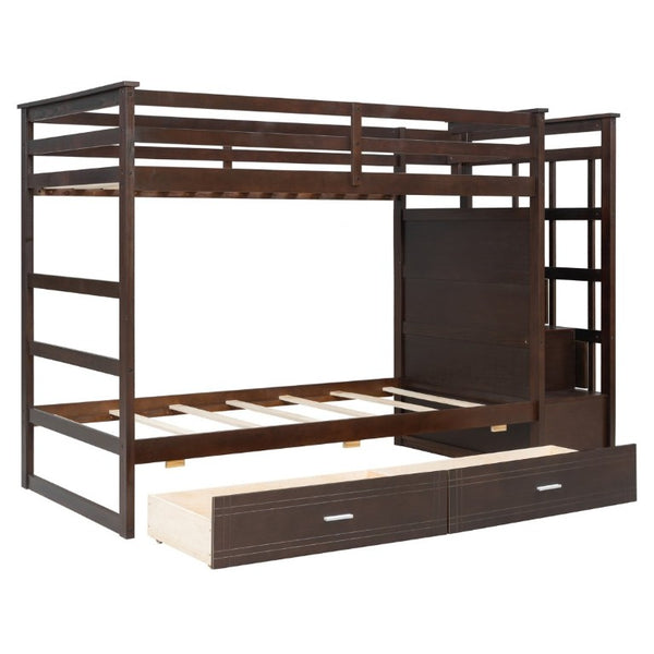 English Elm Twin Over Bunk Bed with Staircase and Six Storage Drawers for Kids Shared Rooms Espresso LT000468AAP