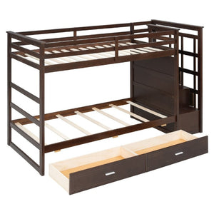 English Elm Twin Over Bunk Bed with Staircase and Six Storage Drawers for Kids Shared Rooms Espresso LT000468AAP