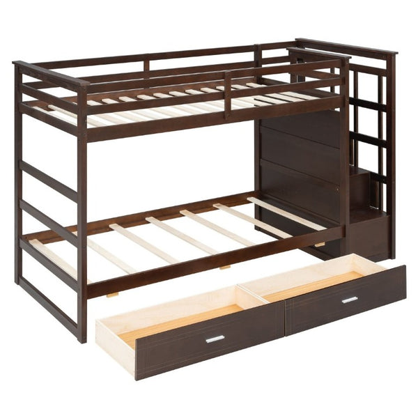 English Elm Twin Over Bunk Bed with Staircase and Six Storage Drawers for Kids Shared Rooms Espresso LT000468AAP