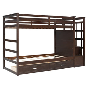 English Elm Twin Over Bunk Bed with Staircase and Six Storage Drawers for Kids Shared Rooms Espresso LT000468AAP
