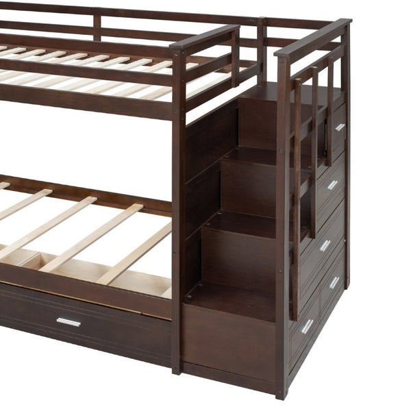 English Elm Twin Over Bunk Bed with Staircase and Six Storage Drawers for Kids Shared Rooms Espresso LT000468AAP