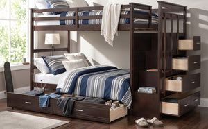 English Elm Twin Over Bunk Bed with Staircase and Six Storage Drawers for Kids Shared Rooms Espresso LT000468AAP