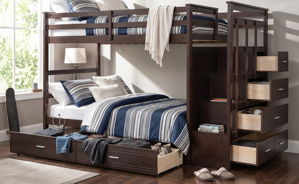 English Elm Twin Over Bunk Bed with Staircase and Six Storage Drawers for Kids Shared Rooms Espresso LT000468AAP