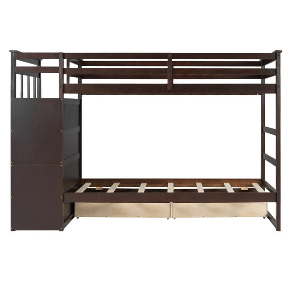 English Elm Twin Over Bunk Bed with Staircase and Six Storage Drawers for Kids Shared Rooms Espresso LT000468AAP