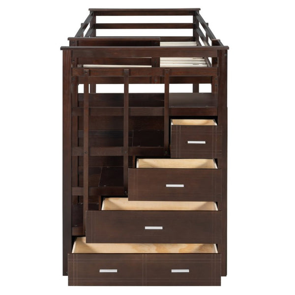 English Elm Twin Over Bunk Bed with Staircase and Six Storage Drawers for Kids Shared Rooms Espresso LT000468AAP