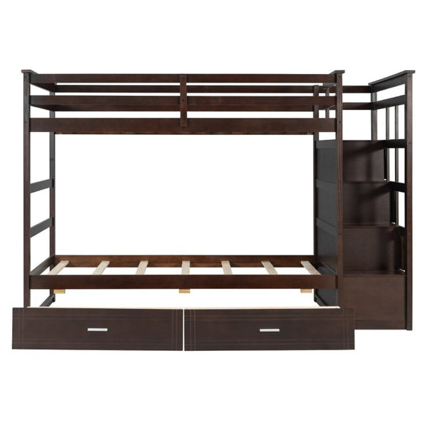 English Elm Twin Over Bunk Bed with Staircase and Six Storage Drawers for Kids Shared Rooms Espresso LT000468AAP
