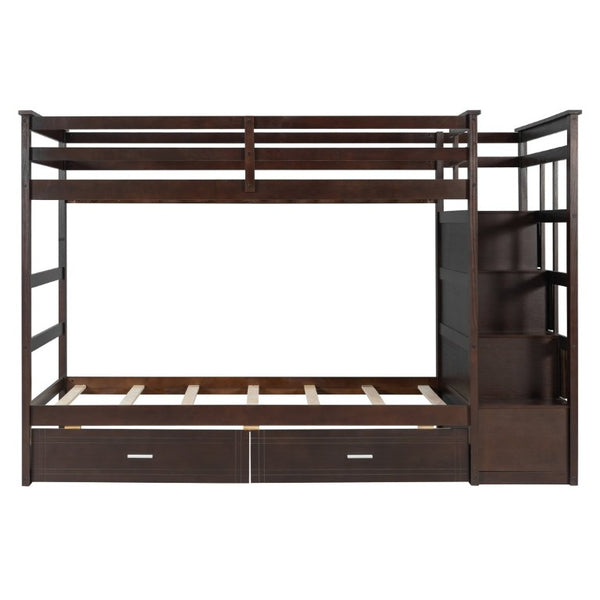 English Elm Twin Over Bunk Bed with Staircase and Six Storage Drawers for Kids Shared Rooms Espresso LT000468AAP