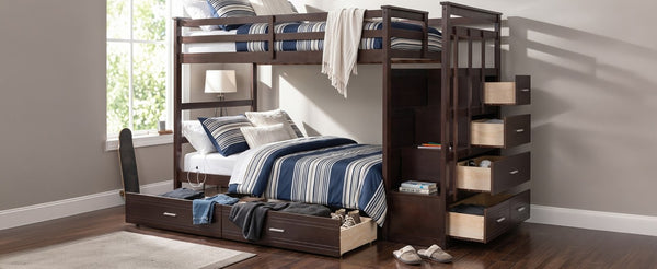 English Elm Twin Over Bunk Bed with Staircase and Six Storage Drawers for Kids Shared Rooms Espresso LT000468AAP