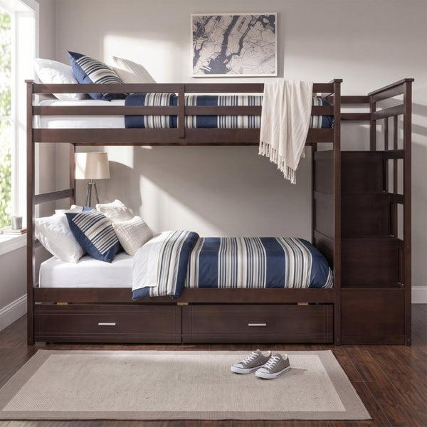 English Elm Twin Over Bunk Bed with Staircase and Six Storage Drawers for Kids Shared Rooms Espresso LT000468AAP