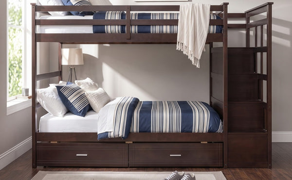 English Elm Twin Over Bunk Bed with Staircase and Six Storage Drawers for Kids Shared Rooms Espresso LT000468AAP