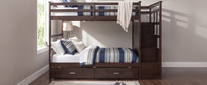 English Elm Twin Over Bunk Bed with Staircase and Six Storage Drawers for Kids Shared Rooms Espresso LT000468AAP