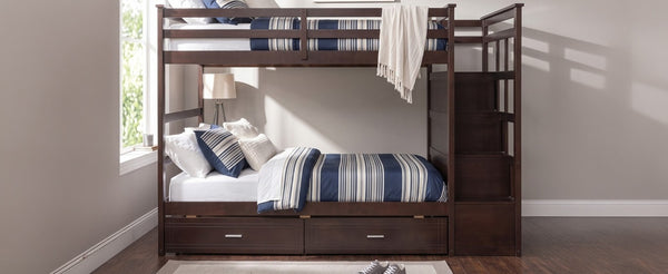 English Elm Twin Over Bunk Bed with Staircase and Six Storage Drawers for Kids Shared Rooms Espresso LT000468AAP