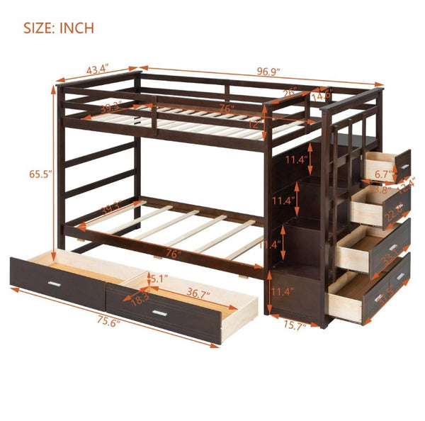 English Elm Twin Over Bunk Bed with Staircase and Six Storage Drawers for Kids Shared Rooms Espresso LT000468AAP