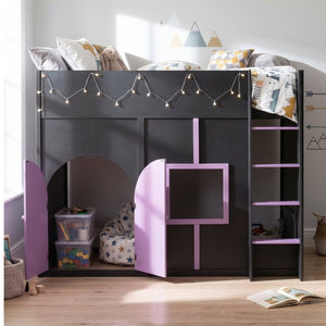 English Elm Full Size House Loft Bed Pinewood Frame with LED Strip Doors and Window Kids Bedroom Black LT000485AAB