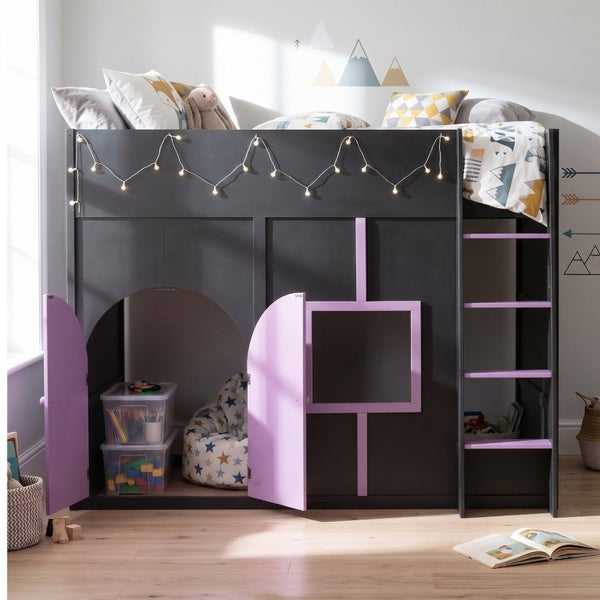 English Elm Full Size House Loft Bed Pinewood Frame with LED Strip Doors and Window Kids Bedroom Black LT000485AAB