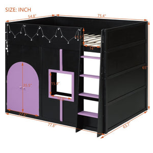 English Elm Full Size House Loft Bed Pinewood Frame with LED Strip Doors and Window Kids Bedroom Black LT000485AAB