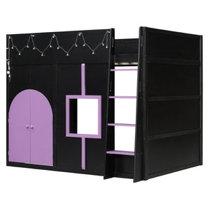 English Elm Full Size House Loft Bed Pinewood Frame with LED Strip Doors and Window Kids Bedroom Black LT000485AAB
