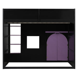 English Elm Full Size House Loft Bed Pinewood Frame with LED Strip Doors and Window Kids Bedroom Black LT000485AAB