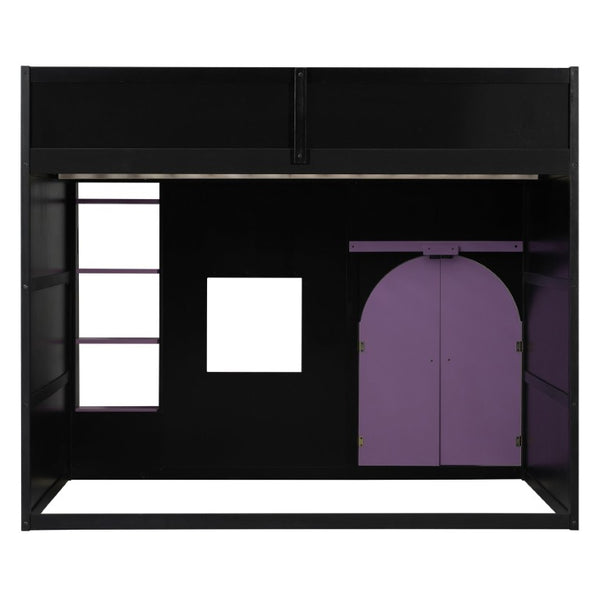 English Elm Full Size House Loft Bed Pinewood Frame with LED Strip Doors and Window Kids Bedroom Black LT000485AAB