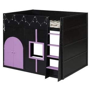 English Elm Full Size House Loft Bed Pinewood Frame with LED Strip Doors and Window Kids Bedroom Black LT000485AAB