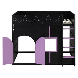 English Elm Full Size House Loft Bed Pinewood Frame with LED Strip Doors and Window Kids Bedroom Black LT000485AAB