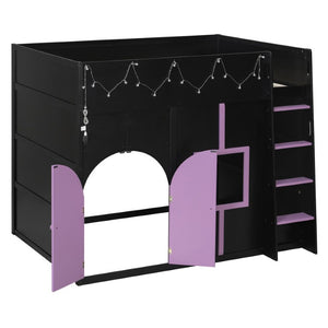 English Elm Full Size House Loft Bed Pinewood Frame with LED Strip Doors and Window Kids Bedroom Black LT000485AAB