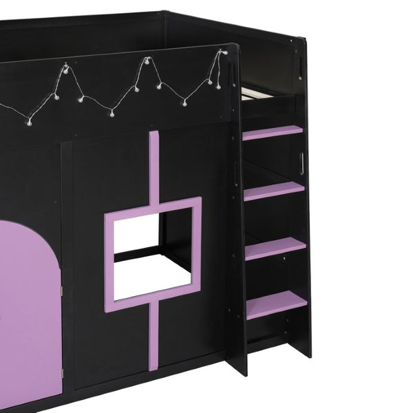 English Elm Full Size House Loft Bed Pinewood Frame with LED Strip Doors and Window Kids Bedroom Black LT000485AAB