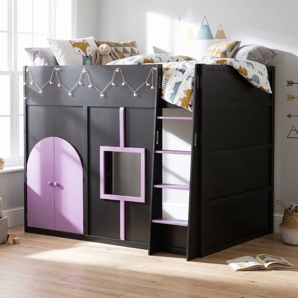 English Elm Full Size House Loft Bed Pinewood Frame with LED Strip Doors and Window Kids Bedroom Black LT000485AAB