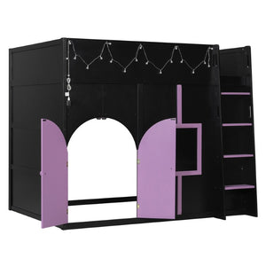 English Elm Full Size House Loft Bed Pinewood Frame with LED Strip Doors and Window Kids Bedroom Black LT000485AAB