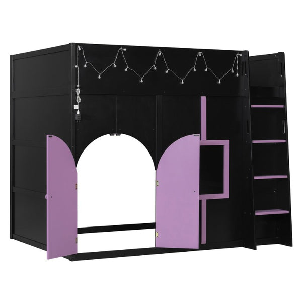 English Elm Full Size House Loft Bed Pinewood Frame with LED Strip Doors and Window Kids Bedroom Black LT000485AAB