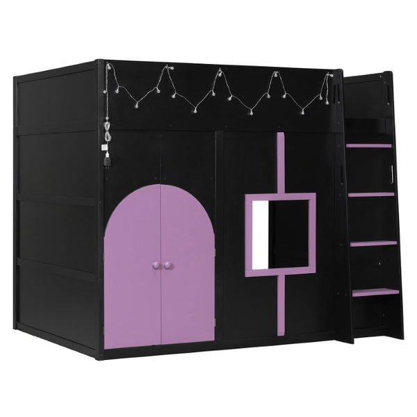 English Elm Full Size House Loft Bed Pinewood Frame with LED Strip Doors and Window Kids Bedroom Black LT000485AAB