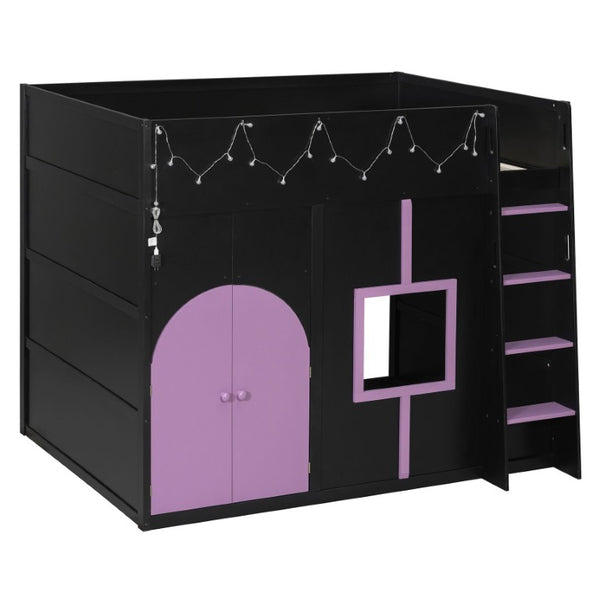 English Elm Full Size House Loft Bed Pinewood Frame with LED Strip Doors and Window Kids Bedroom Black LT000485AAB