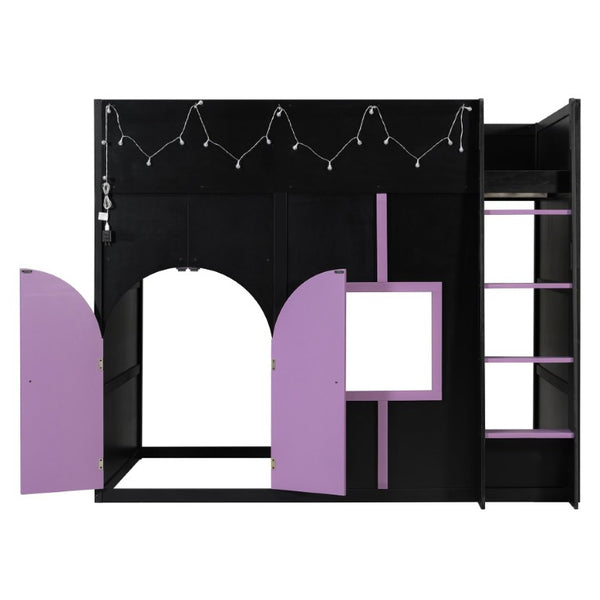 English Elm Full Size House Loft Bed Pinewood Frame with LED Strip Doors and Window Kids Bedroom Black LT000485AAB