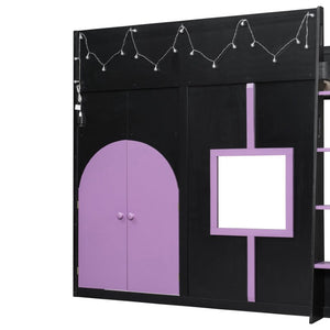 English Elm Full Size House Loft Bed Pinewood Frame with LED Strip Doors and Window Kids Bedroom Black LT000485AAB